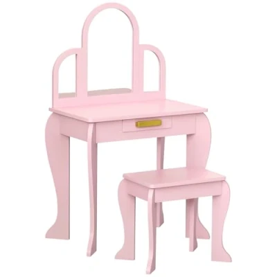 Image de HOMCOM Coiffeuse Enfant Table de Maquillage avec Tabouret 3 miroirs et tiroir à 6 Ans 52 x 32 85 cm Rose