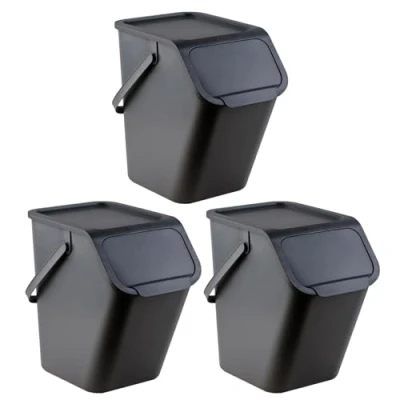 Image de Go Practic Lot de 3 poubelles empilables Système tri des déchets dans la cuisine avec couvercle à clic