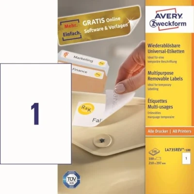 Image de Avery Zweckform l4735rev de 100 étiquettes universelles (A4, résidus, 210 x 297 mm) feuilles Blanc