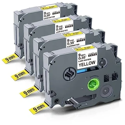 Image de UniPlus 4x Compatible Tze 9mm Ruban d&#039;étiquettes Remplacement pour Brother Tape 621 Tze621 Tz Tz621 avec PT E110 D210 GL200 H300 H107 1000 1010 1280, Noir sur Jaune
