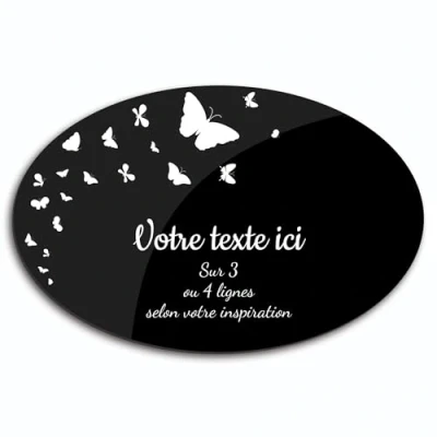 Image de Plaque gravée funéraire motif Papillon autocollante modèle ovale (20x13 cm) personnalisée 1 à 3 lignes Noir