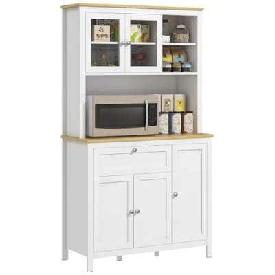 Image de HOMCOM Buffet de Cuisine Armoire vitrine 5 Portes Dont 2 vitrées et 1 tiroir, Niche Centrale avec Passe câble Hauteur 180 cm Blanc