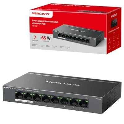Image de MERCUSYS Commutateur Gigabit d&#039;ordinateur 8 ports avec PoE+ 7 ports, PoE 65 W, compatible PDs 802.3af/at, gestion de l&#039;alimentation, boîtier métallique, Plug &amp; Play, aucune configuration