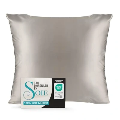 Image de Taie d Oreiller en Soie Naturelle 80x80 Dreamzie 100% Mûrier 19 Mommes Certifiée Oeko TEX Bienfaits Cheveux et Peau Anti Âge Gris Argenté
