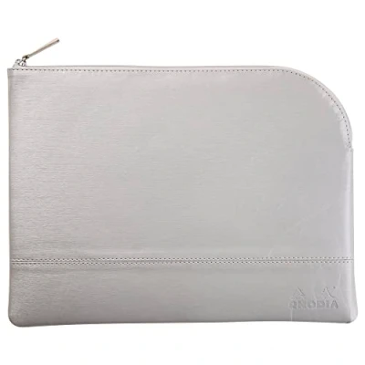 Image de RHODIA 116721C Pochette Zippée en Simili Cuir Argent Taille L (21 x 28 cm) Coutures Véritables Intérieur Tissu Orange Rangement Documents, Petites Fournitures