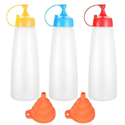 Image de Bouteille à Sauce Plastique, Bouteilles Squeezie De Condiment, Flacon Vide avec Bouchon Torsadé, Miel Ketchup Vinaigre Distributeur Entonnoir en Silicone 500Ml