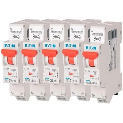 Image de EATON 109128 PLGC4 C10/1N DISJONCTEUR MODULAIRE PH/N Blanc MANETTE ORANGE 1P+N / 10 A COURBE C Raccordement direct sans vis 5 disjoncteurs