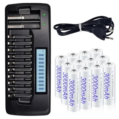 Image de Palogreen Chargeur de Piles Rapide, 12 Slots Indépendan Rechargeable LCD avec pcs AA 3000mAh NIMH Et Fonction décharge