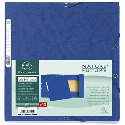 Image de Exacompta Réf. 55502SE Paquet de 10 chemises à élastiques pochettes 3 rabats en carte lustrée 400 g/m2 dimensions 24 x 32 cm pour documents au format A4 couleur bleu