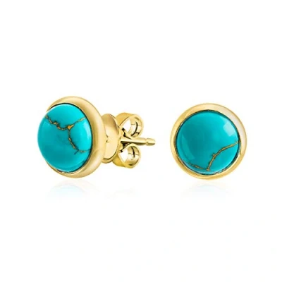 Image de Boucles D&#039;Oreilles Boutons Rondes Avec Lunette En Lapis Turquoise Bleu Pour Femmes Plaqué Or Jaune .925 Argent Sterling