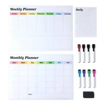 Image de Amazon Basics Lot de 3 calendriers magnétiques effaçables à sec pour réfrigérateur avec 8 marqueurs et effaceur, Blanc