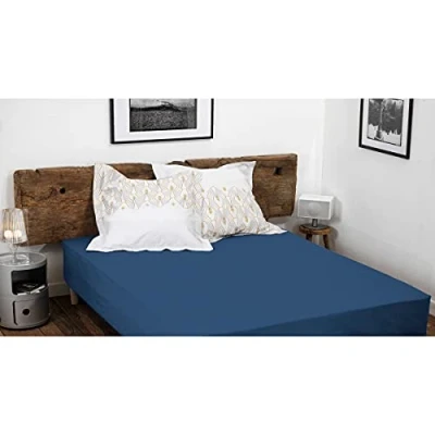 Image de HOME LINGE PASSION, Drap Housse Bleu Fonce 160x200 +30 cm 100% Coton 57 Fils (Label Oeko TEX)