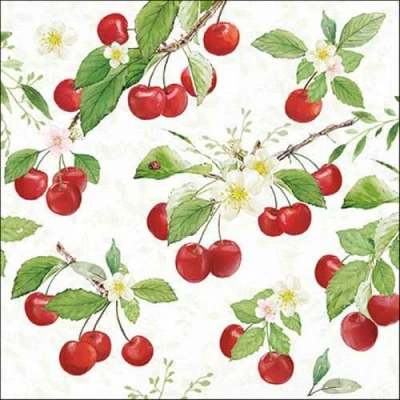 Image de Lot de 20 serviettes en papier avec motif « Essen Kirschen an Blumenzweige » Idéales pour le découpage et la technique des 33 x cm