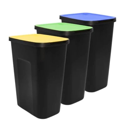 Image de Lot de 3 poubelles noires avec couvercle à charnière coloré 50 l Système tri sélectif pour déchets biologiques en plastique recyclage des