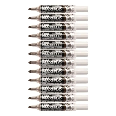 Image de Pentel Maxiflo Lot de 12 marqueurs effaçables à sec tableau blanc Pointe biseautée large Encre liquide Marron