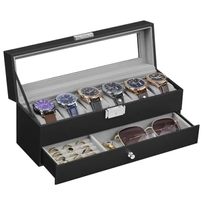 Image de SONGMICS Boîte à montres avec couvercle En verre 2 étages Verrouillable 1 tiroir Pour bagues, bracelets cuir synthétique noir Doublure grise JWB060G01