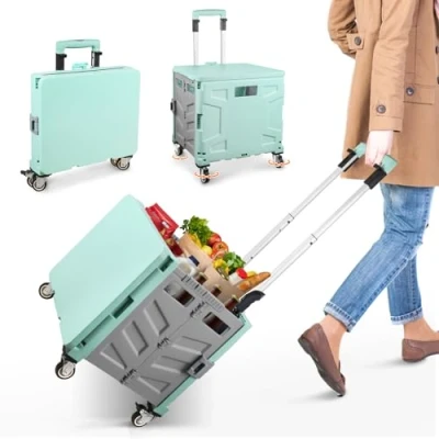 Image de Chariot de Courses, Courses Pliable Capacité 50L et Surcharge 50kg, Panier à Provisions avec Couvercle, Poignée Extensible en Aluminium, 4 Roues Roue Métal 360, 103 x 43 38 cm