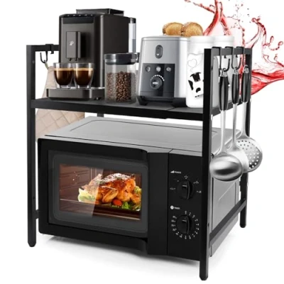 Image de 2 Niveaux Support de Four à Micro Ondes Extensible, avec 6 Crochets, Etagere Rangement Cuisine Ondes, 40 64cm, Noir
