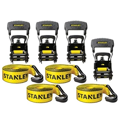 Image de Stanley S10074 Lot de 4 sangles d&#039;arrimage à cliquet 1,5 cm x 4,9 m pour transport cargaisons lourdes (résistance la rupture kg)