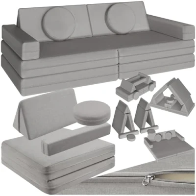 Image de tectake® Canapé convertible 2 places modulable enfant en Mousse &amp; Lin Fauteuil Lit Matelas de sol pliant pliable pour Chambre Jeu construction Lecture