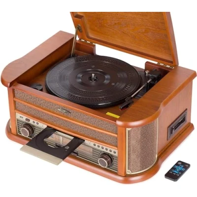 Image de Reflexion HIF2002 Rétro Stéréo avec Platine, Caisse, Lecteur CD et Radio (UKW / MW, MP3, USB, écran LCD éclairé, télécommande, 2 x 40 W Puissance Musicale Marron