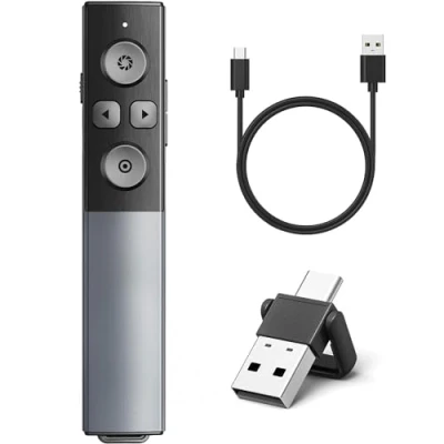 Image de Métal Telecommande Ordinateur Powerpoint USB/Type C 2 en 1 avec Volume, 2.4GHz Rechargeable Presentation Cliqueur Zapette Pointeur Slide Présentateur Sans Fil pour Mac PC Laptop