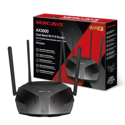 Image de Mercusys Routeur WiFi 6 3000Mbps , Bi Bande 4 ports RJ45 Gigabit antennes 5dBi, MU MIMO, WPA3, Connexion intelligente, Contrôle parental, Technologie BSS Color, MR3000X