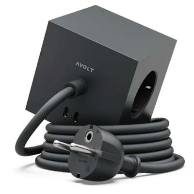 Image de Avolt Multiprise Cube USB C Les Premières Multiprises Design au Monde 3 Prises électriques et 2 Ports Pied Magnétique Adhérant Presque Partout (Noir, 3m)