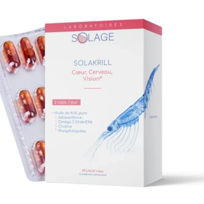 Image de OMEGA 3 100% Huile de KRILL pure Plus efficace que l’Huile Poissons 60 Capsules Licaps Sans Odeur SOLAKRILL EPA DHA Astaxanthine Choline Vitamine A B Fabriquée en France Laboratoires SOLAGE