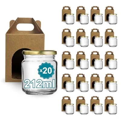Image de Espirito Rebelde Lot de 20 pots en verre vides avec couvercle 212 ml bôites carton pour 1 pot confiture Inclut un à vis doré, confitures, conserves, miel