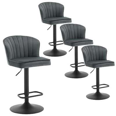 Image de EUGAD Lot de 4 Tabourets Bar Hauts, Pivotants, en Velours avec Dossier Forme Coquille,Repose Pieds, Socle Rond Métal, Gris Foncé, 1056BY