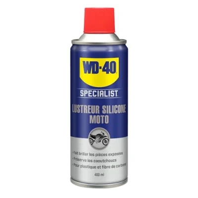 Image de WD 40 Specialist Moto Lustreur Silicone Aérosol Superbe brillance Empêche le caoutchouc de craqueler et vieillir Parfum fruité, souvent assimilé à l&#039;odeur &quot;bubble gum&quot; 400 ML
