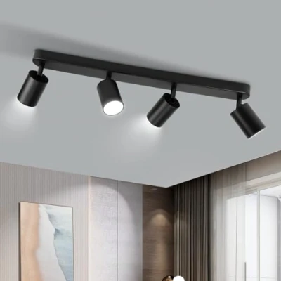 Image de CANMEIJIA Plafonnier Noir 4 Spots, Spot Led Orientable Luminaire GU10, Orientable, Rotation De 350, Barre droite rail luminaire, Sans Ampoules, Pour Cuisine