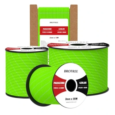 Image de Brotree Paracorde 3mm 15M 100% Nylon Corde 425 3 Brins Parachute Type II pour Extérieur, Artisanat 192kg Charge de Rupture (Réfléchissant Néon Vert)
