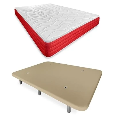 Image de DUÉRMETE ONLINE Cama Completa Colchón Tapizada Reforzada Color Beige Con 6 Patas Lit Complet avec Matelas Lite réversible + Base tapissée renforcée Couleur Pieds, Bois, 150 x 190