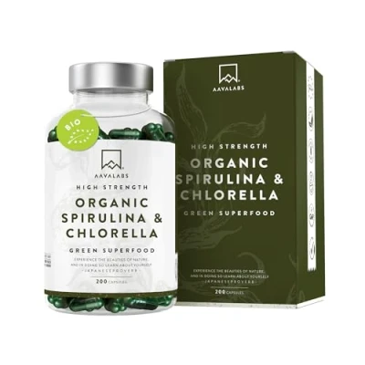 Image de Spiruline Bio et Chlorella AAVALABS Complexe de Poudre 1800mg Complement Alimentaire Vegan Riche en Protéines, Vitamines, Minéraux, Antioxydant 200 Gélules