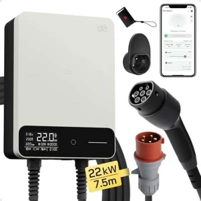 Image de dé Borne de Recharge Véhicules Électrique 22kW [6 32A, Triphasé, 400V] Wallbox avec Câble Type 2 7,5m, RFID, RCD B et IP55 pour E 208 Autres BEV/PHEV, Blanc