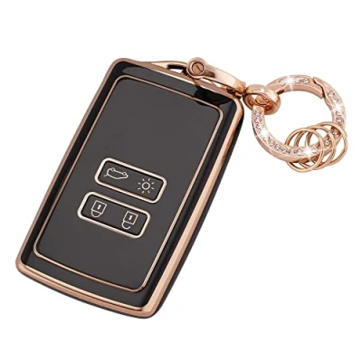 Image de Koaudb Protecteur de clé Voiture en TPU pour Clio Megane Koleos Kadjar Talisman Captur Espace Dacia Duster Étui Carte à Puce sans 4 Boutons avec Porte clés Noir Or (R Rnl B)