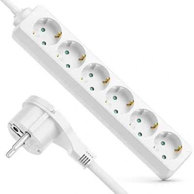 Image de deleyCON Multiprise à 6 Compartiments avec Fiche Plate Barrette d&#039;alimentation pour Usage Intérieur Câble de 5m Contact Plat Boîtier en Plastique Robuste Blanc
