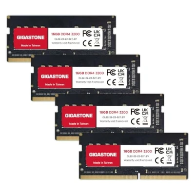 Image de 【DDR4 RAM】 GIGASTONE 64Go Kit(4x16Go) DDR4 3200MHz(2933MHz Or 2666MHz) PC4 25600(PC4 23400, 21300) CL22 1.2V SODIMM 260pin UnbuffeRouge Non ECC Mémoire Haute Performance Mise à Niveau pour Portable