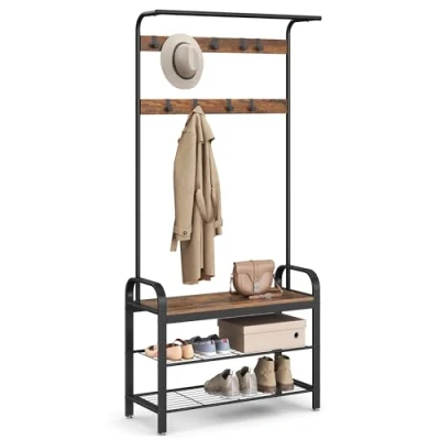 Image de VASAGLE Porte manteau avec Étagère à Chaussures, Meuble d’Entrée Banc, 4 en 1, 9 Crochets Amovibles, Vestiaire, 33,7 x 84 183 cm, Style Industriel, Marron Rustique et Noir HSR400B01
