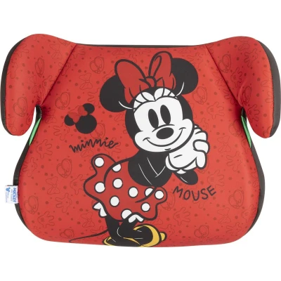 Image de Minnie Mouse Réhausseur voiture enfant i Size ECE R129. siège pour la sécurité des enfants d&#039;une hauteur de 125 à 150 cm. avec graphisme du Mouse, sur fond rouge.