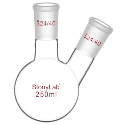 Image de stonylab Ballon à Fond Arrondi en Borosilicaté Verre 2 Cols RBF, avec 24/40 Joint Extérieur Conique Standard au Centre et sur les Côtés, Neck Round Bottom Flask 250ml