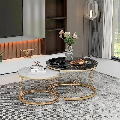 Image de Merax Lot de 2 tables basses rondes Table d&#039;appoint moderne Avec structure en métal doré Motif marbre Pour salon, balcon, bureau Noir et blanc