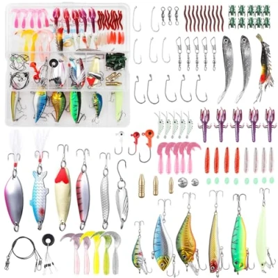 Image de TUXIBIN Leurres de Pêche Kit 101pcs Spinnerbaits,Plastique vers,Minnow,Popper,Leurres,Souples Jigs Crochets d&#039;appâts Portable avec Boîte