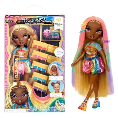 Image de RAINBOW HIGH Hair Chalk &amp; Style Poupée Meline Or Arc en Ciel 28 cm, Craie à Cheveux Lavable, Colorez, Coiffez, Jouez, Rincez et Recommencez, Enfants de 4 12 Ans +