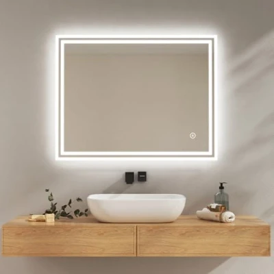 Image de EMKE Miroir Salle de Bain avec Éclairage 90x70 cm, Anti Buée, Interrupteur Tactile, Blanc Froid Dimmable, Fonction Mémoire, Arrêt Automatique après 3 Heures, LED