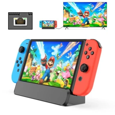 Image de RREAKA 6 en 1 Switch Dock pour Nintendo OLED TV Adaptateur Station avec HDMI 1000 Mbit RJ45 Ethernet LAN 3 Type de Port USB 2.0 Chargeur connecteur C d&#039;accueil Portable
