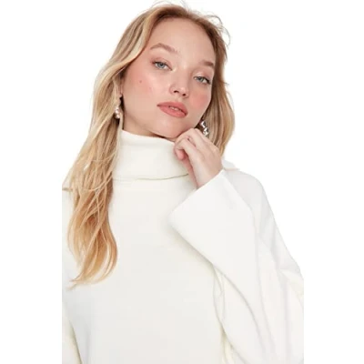 Image de Trendyol Pull Oversize uni à col roulé Maillot de survêtement, Ecru, L Femme
