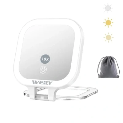 Image de WEILY Miroir de Poche Lumineux, Voyage Double Face Grossissant 1X/10x, avec 3 Lumières Couleur et Rechargeable par USB, à Main Portable pour Le Maquillage (Blanc)